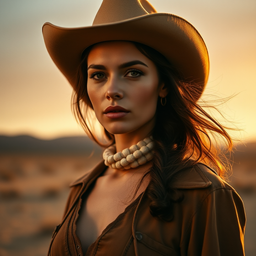 Dramatic photo of a beautiful Western American woman, classic cowboy attire, confident and free spirit expression, half-length portrait, centered, golden hour desert landscape, warm, diffused light, low angle, medium format film camera, in style of Annie Leibovitz.