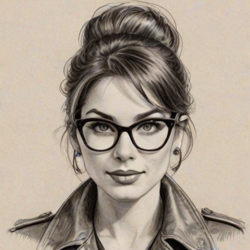 Enticing Sandy Bullock, pencil sketch, portrait of Radiant woman 1961s in glasses, hair style beatnik, outline, clear lines, fine lines, 8k