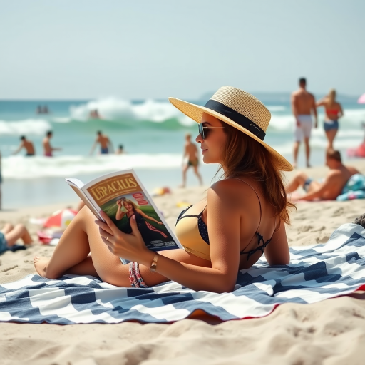 Bustling beach at midday, with families and friends scattered along the shore, a woman in a wide-brimmed hat lies on a striped towel, reading a magazine as the waves crash rhythmically in the background.