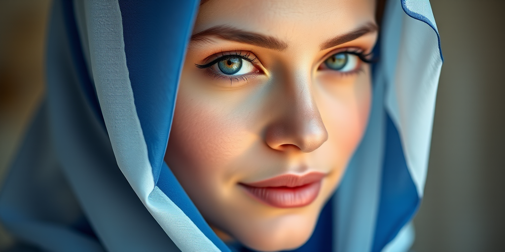 Create a serene portrait of a woman with a soft expression, wearing a blue and white veil, captured with a 50mm lens at f/1.8, in natural light, with a focus on soft gradients and gentle highlights, using a DSLR camera in portrait mode to enhance the image quality.