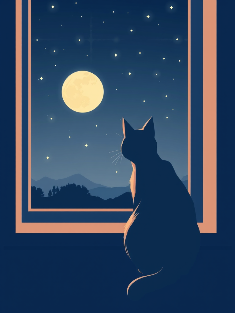 Create an illustration of a cat sitting by a window at night, gazing at the moon and stars outside, using a digital art style with soft lines and a minimalist aesthetic, camera settings: ISO 100, aperture f/4, shutter speed 1/60s, camera view: medium shot, camera type: digital mirrorless.