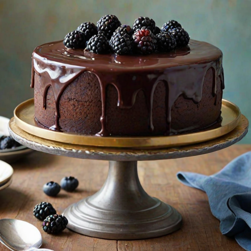 Create a decadent cake topped with a generous layer of chocolate ganache. Adorn the top with a mix of fresh blackberries and blueberries. The cake should have a smooth, elegant finish and be presented on a decorative cake stand. Include some floral elements subtly in the background for a touch of elegance.