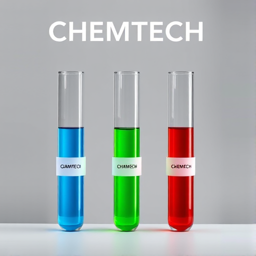 Create an illustration of three test tubes with bright blue, green, and red liquids, set against a neutral gray background, with clear labels for each liquid and a modern, tech-inspired font saying "CHEMTECH" above, captured in a macro view using a DSLR camera at f/2.8, 1/100 sec, ISO 100 for enhanced vibrancy and sharpness.