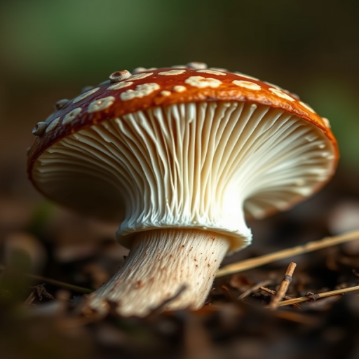 Create a highly detailed illustration of a mushroom with intricate patterns on the cap and stem, using macro photography style with a shallow depth of field, aperture set to f/2.8, ISO 100, and a focus on texture and light play.