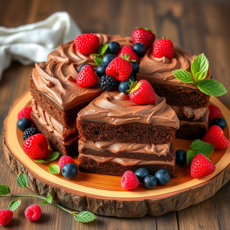Chocolate layer cakes with rich frosting arranged on a wooden platter garnished with fresh berries and green foliage