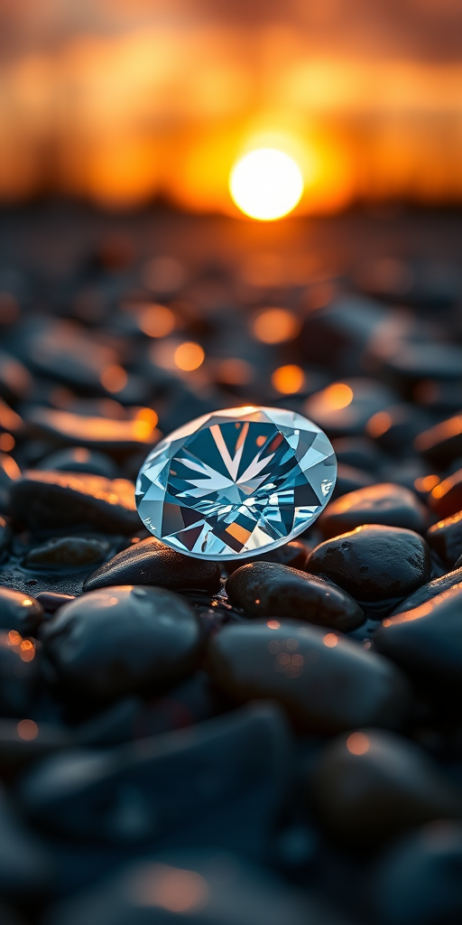 A close-up shot of a sparkling diamond on wet pebbles, backlit by a sunset with vibrant colors, sharp focus, f/2.8 aperture, ISO 100, 1/200 sec, captured with a DSLR camera using a macro lens for enhanced clarity and detail.