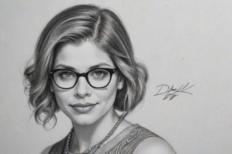 Resplendent Danielle Fishel, pencil sketch, portrait of Resplendent woman 1920s in glasses, hair style beatnik, outline, clear lines, fine lines, 8k