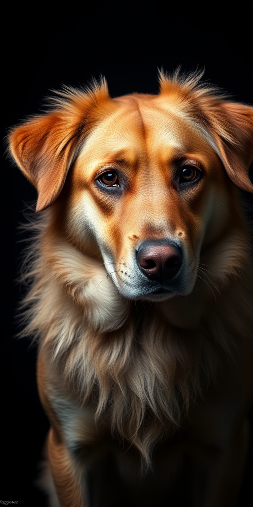 Regenerate an image of a large dog with a prominent fur collar against a black background, using a Canon EOS 5D Mark IV, aperture f/1.8, ISO 100, 85mm focal length, portrait view, high contrast lighting.