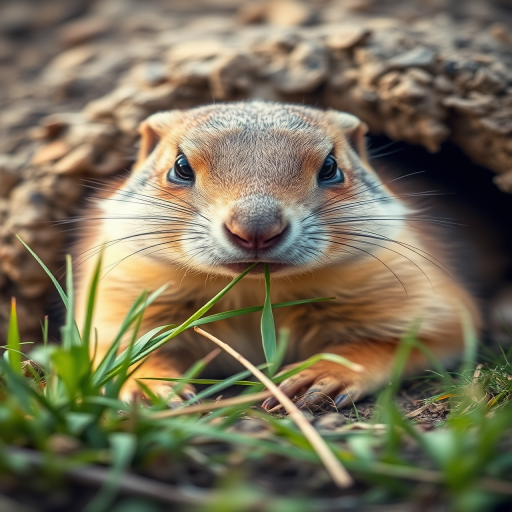 Close-up of a prairie dog eating grass in front of its burrow, captured with a Canon EOS 90D, 100mm macro lens, aperture f/2.8, ISO 400, natural light, depth of field focusing on the animal.