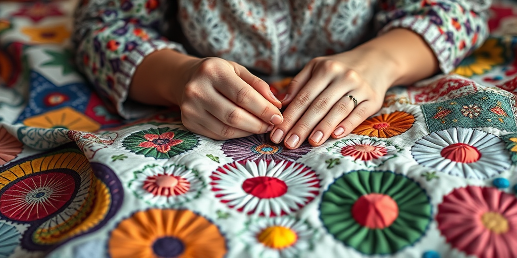 Close-up of a womanes hands stitching a quilt, colorful fabrics laid out around her, and soft light illuminating the intricate patterns she is creating.