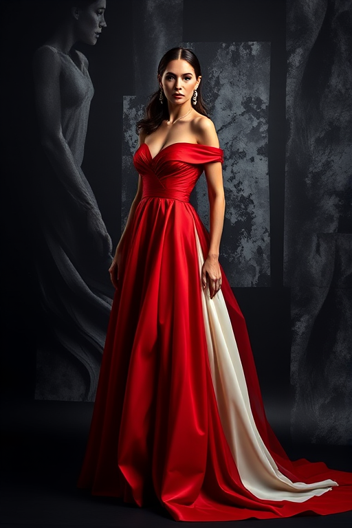 regenerate a high-fashion portrait of a model in a red and white gown standing against a black and abstract background, using a Canon EOS R5 with an 85mm f/1.2 lens at ISO 100, aperture f/2.8, shutter speed 1/125s, soft diffused lighting for a classic studio effect.