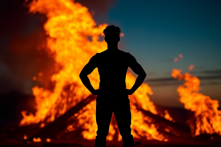 Create an image of a silhouetted figure standing confidently in front of a fiery background, with flames engulfing its body, shot at dusk with a shallow depth of field, using a DSLR camera at ISO 100, f/1.8 aperture, 50mm lens, capturing dramatic lighting and vibrant colors.