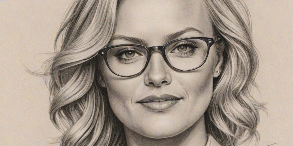 Beauteous Malin Akerman, pencil sketch, portrait of Resplendent woman 1946s in glasses, hair style beatnik, outline, clear lines, fine lines, 8k