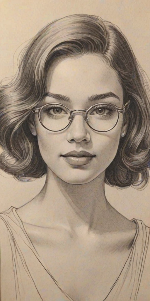 Dazzling Ashley Moore, pencil sketch, portrait of Radiant woman 1927s in glasses, hair style beatnik, outline, clear lines, fine lines, 8k