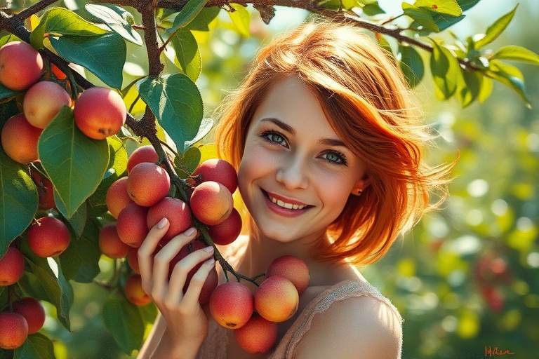 Dipinto ad olio impressionista. Un frutteto in un luminoso giorno d'estate. Primo piano di una ragazza sorridente di circa 14 anni lentigginosa e con i capelli rossi che guarda la fotocamera. Sta mettendo in un cestino di vimini le pesche che sta raccogliendo da un albero di pesche.