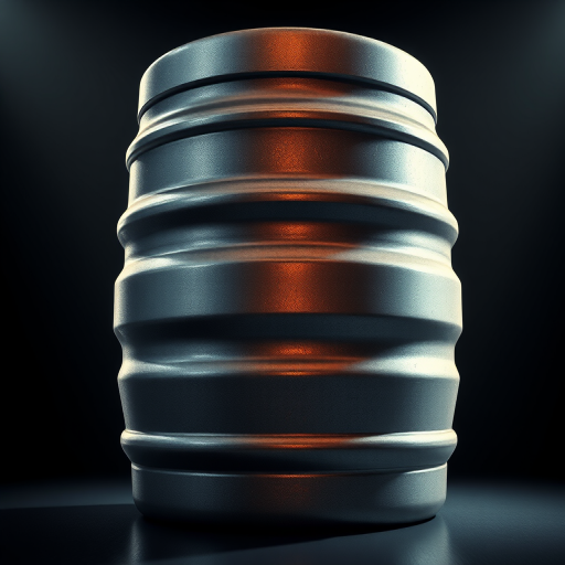 illustration of a metal keg with a textured surface, studio lighting, 50mm lens, f/8 aperture, 1/125 sec shutter speed, shot from a low angle to emphasize detail, digital art style