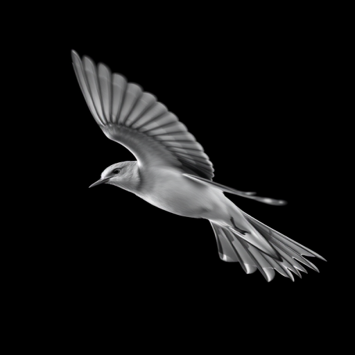 Create an artistic black and white image of a bird in flight against a dark background, using a DSLR camera at ISO 100, f/4 aperture, 1/2000 sec shutter speed, with a macro lens for enhanced detail and a low-angle view for dramatic effect.