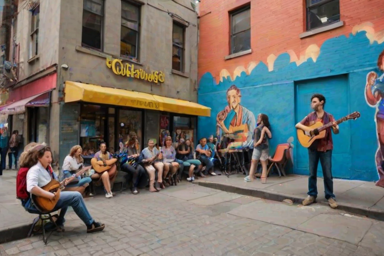 Lively street corner, with a musician playing guitar, people gathering around to listen, and vibrant murals decorating the walls, creating a vibrant urban scene.