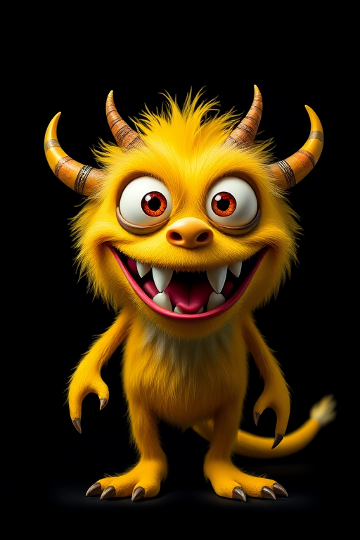 Create a vibrant cartoon monster with bright yellow fur, large expressive eyes, a wide toothy grin, small horns, and a long tail, set against a solid black background, captured with a DSLR camera, 50mm lens, f/2.8 aperture, ISO 100, and a shallow depth of field for enhanced detail and color vibrancy.