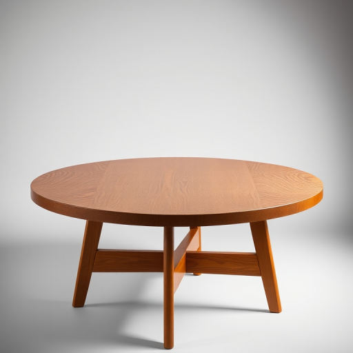 Mid-century wooden round table, centered in frame, soft studio lighting, 50mm lens, f/2.8 aperture, ISO 100, shallow depth of field, high-resolution digital camera, neutral background for contrast.