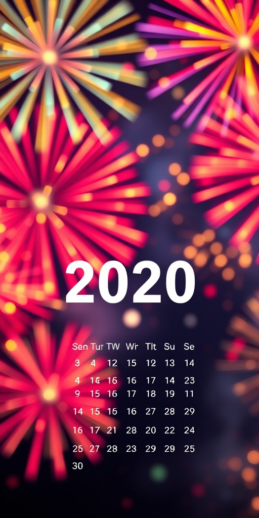 Create a vibrant new year calendar for 2020 featuring a fireworks background with colorful bursts of light, use a DSLR camera with a 50mm lens, aperture set at f/1.8, ISO 200, shutter speed 1/250 sec, overhead view, and high dynamic range for enhanced detail and clarity.