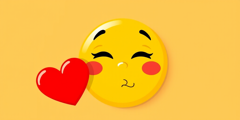 Generate a vibrant digital illustration of a yellow smiley face blowing a kiss with a red heart, captured in high resolution with a 50mm lens at f/2.8, using a top-down view in a flat design style with bright colors and sharp edges.