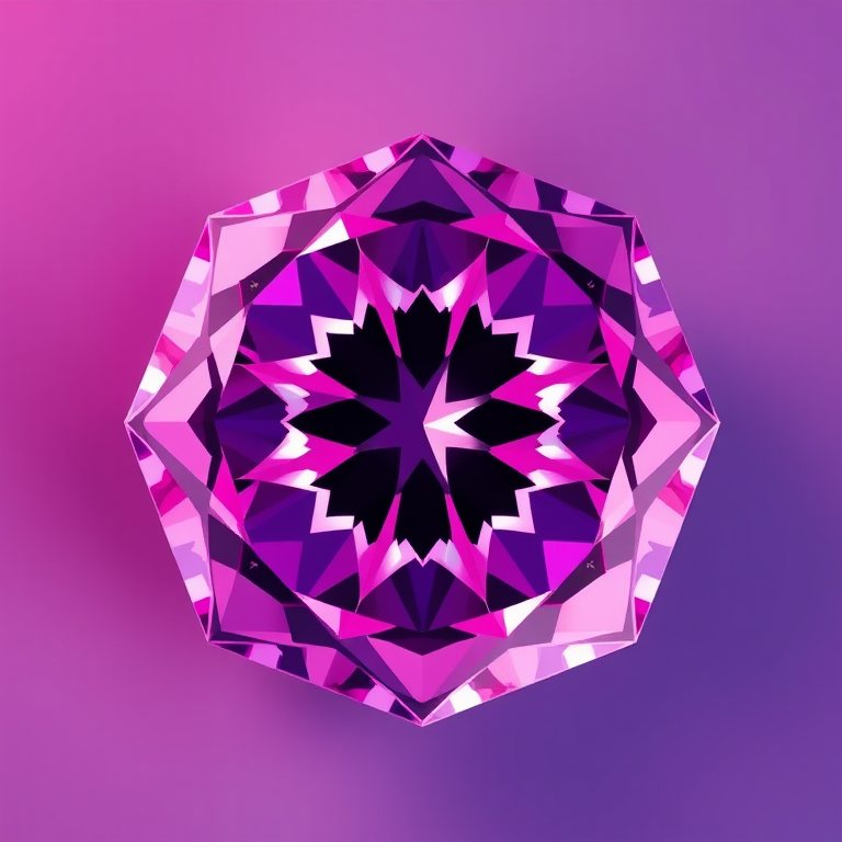 Create a high-resolution digital illustration of a multifaceted diamond in shades of pink and purple, using a Canon EOS 5D Mark IV, f/8 aperture, ISO 100, shot from a top-down view with soft lighting to enhance color depth and clarity.