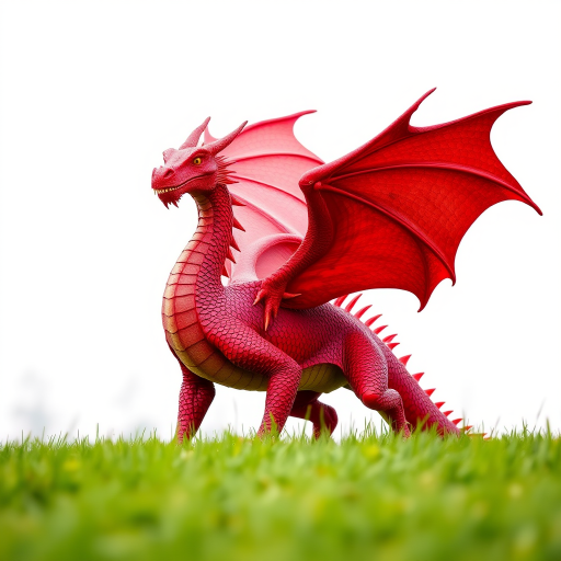 Create an image of a detailed red dragon with vibrant scales and wings, set against a white background above a green field, captured with a DSLR camera at f/2.8 aperture, ISO 100, 35mm focal length, using a shallow depth of field to enhance sharpness and clarity.