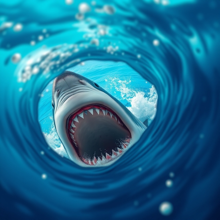 Create a high-resolution illustration of a shark's open mouth emerging from vibrant blue waves, using a DSLR camera with a 50mm lens, f/2.8 aperture, ISO 200, and a shallow depth of field for a striking focus on the shark and dynamic water movement.