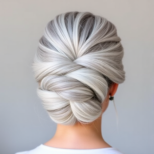 Elegant silver fox updo known as "Mercury Twist" showcasing a sophisticated blend of platinum and gray tones, styled into an intricate knotted bun with loose tendrils