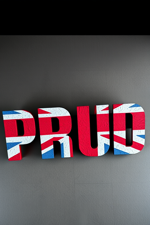 Create an image of the word PROUD in large 3D letters filled with a textured design of the Union Jack flag, shot with a DSLR camera at f/8, ISO 100, 50mm lens, using a top-down view and soft natural lighting for enhanced detail and clarity.