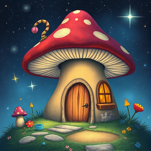 imagine illustration of a mushroom house with a door and a window, a storybook , fantasy art, mushroom house, bg starry sky, sparkles