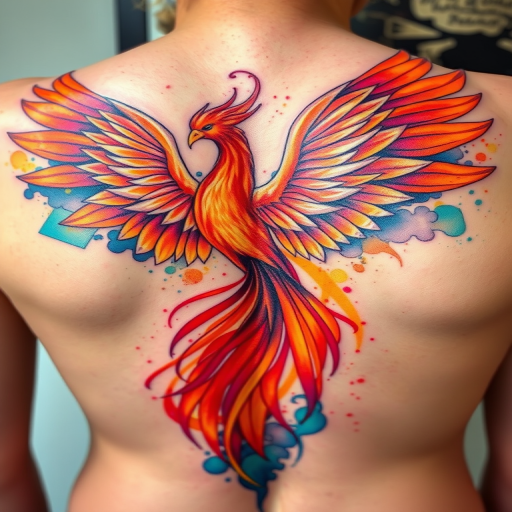 Vibrant watercolor tattoo of a majestic phoenix rising from ashes, with iridescent feathers and fiery hues, spreading its wings across the upper back, intricate details in every brushstroke