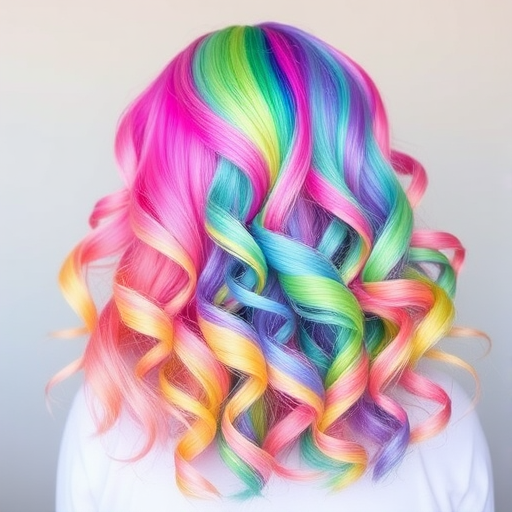 Vibrant rainbow unicorn hair melts from pastel pink roots through yellow, green, blue, and purple ends, styled in voluminous curls for a magical look