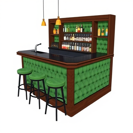 Create a high-resolution illustration of a modern bar counter with a dark wood frame, green tufted upholstery, and a sleek black countertop, using a wide-angle lens for a clear view, set at f/8 aperture, ISO 100, and natural lighting to enhance details and textures.