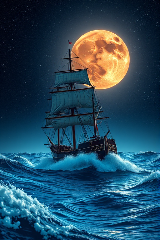 a majestic tall ship sailing through turbulent ocean waves under a starry night sky with a large glowing planet in the background, shot with a Canon EOS R5 at f/2.8, 24mm focal length, ISO 100, using HDR photography for enhanced detail and vibrancy