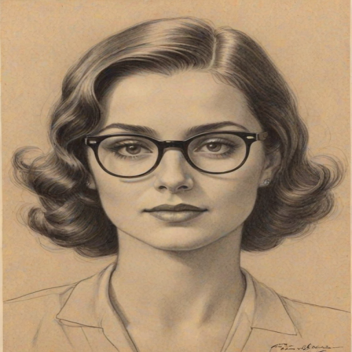 Exquisite Emmy Lou Harris, pencil sketch, portrait of Fascinating woman 1930s in glasses, hair style beatnik, outline, clear lines, fine lines, 8k