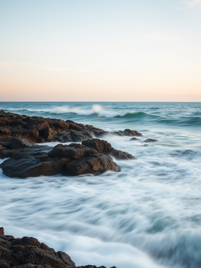 ocean landscape with rocky shoreline and waves crashing, long exposure for motion blur, soft pastel sky, 24mm lens, f/11 aperture, ISO 100, tripod mounted, sunlight during golden hour, high dynamic range imaging
