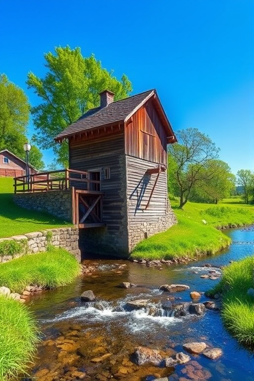 regenerate an image of a rustic wooden watermill next to a serene stream, surrounded by lush green grass and trees, under a clear blue sky, using a DSLR camera with a 24mm lens, aperture f/8, shutter speed 1/125s, ISO 200, in natural light for enhanced vibrancy and detail