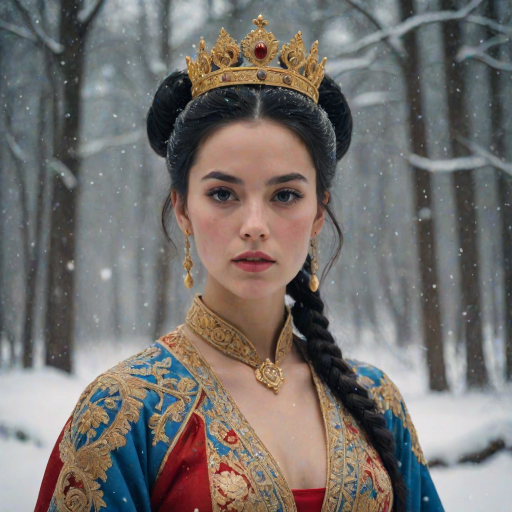 A young woman with long black hair styled in a high bun, adorned with a gold crown and intricate hair ornaments, stares intently at the viewer. She wears a vibrant red and gold embroidered robe with blue accents, a gold belt with a large ornate buckle, and a blue and gold shoulder piece. The woman is positioned in the center of the frame, with the background blurred and filled with falling snow. The image has a soft, ethereal feel with a focus on the woman's face and attire, creating a portrait-like composition. The colors are rich and saturated, with the red, gold, and blue of the clothing standing out against the muted blue and white of the snowy backdrop. The lighting is soft and diffused, casting a warm glow on the woman's face.  The overall mood is elegant and mysterious.  The details of the woman's attire, especially the intricate embroidery and embellishments, add a sense of opulence and grandeur.  The falling snow further enhances the sense of winter magic and wonder.
