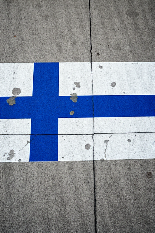 Create a high-resolution image of a textured Finland flag on a grungy concrete background with 50mm lens, f/4 aperture, ISO 100, and low angle view, using a DSLR camera for clarity and detail.