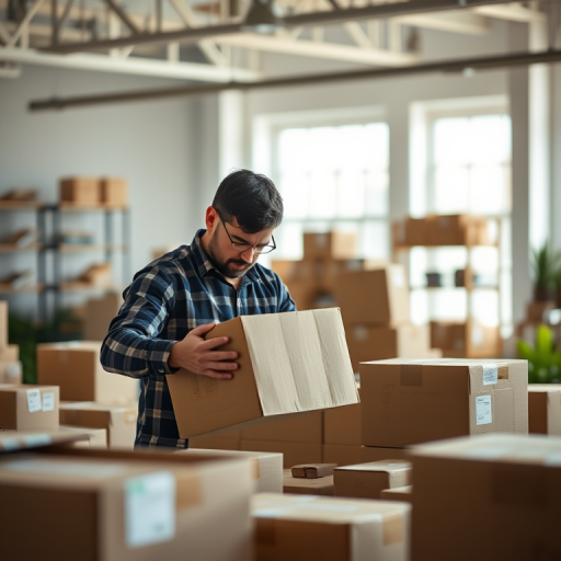 regenerate an image of a person packing boxes in a modern workspace with bright natural light, shallow depth of field, Canon EOS R6, 50mm lens, f/2.8, ISO 100, 1/200s, soft focus on the background for enhanced clarity.