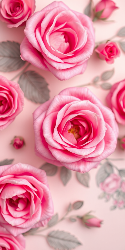 floral pattern with vibrant pink roses on a soft pastel background, macro shot, f/2.8, ISO 100, 50mm lens, soft focus, natural light