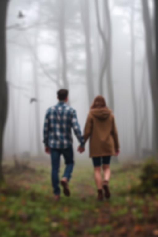 Blurry, candid shot of a couple holding hands while walking through a misty forest, soft focus on the fog rolling through the trees, distant birds singing in the background, and a feeling of quiet connection.