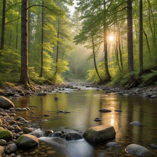 Create an image of a serene, sunlit forest scene with a clear, gently flowing river. Tall trees with lush green foliage line both sides of the river, their leaves bathed in the warm golden light of the setting or rising sun. The sunlight filters through the trees, casting soft, dappled light on the river, which flows over smooth rocks and pebbles, creating a peaceful, natural atmosphere. The sky is bright with a few scattered clouds, and the overall mood is tranquil, evoking a deep sense of connection with nature. The image captures the beauty of a calm, pristine forest landscape at either dawn or dusk.