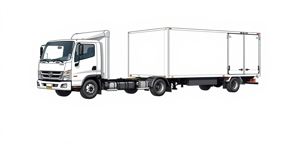 Create a detailed illustration of a delivery truck showing front, side, and rear views with high contrast lines, using a 50mm lens, f/8 aperture for sharpness, and a white background for clarity, rendered in a digital art style for enhanced quality.