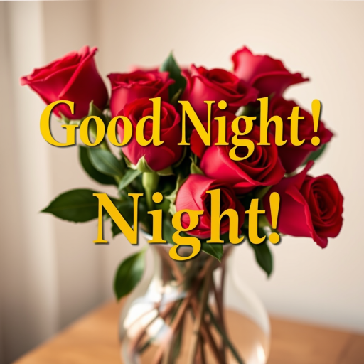 Create an image with the text "Good Night!" in golden Garamond font, placed atop a delicate vase filled with vibrant red roses, with soft focus and warm lighting effects.