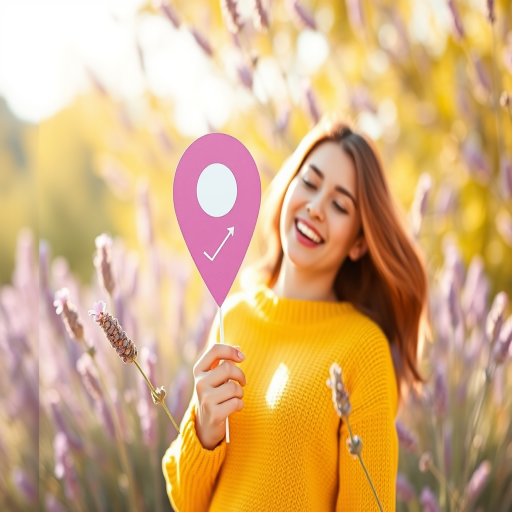 create a vector illustration of a cheerful person in a yellow sweater holding a large lavender location pin, with a dynamic background, using a soft focus effect, captured with a Canon EOS R camera, 50mm lens, f/1.8 aperture, ISO 200, in bright natural lighting.