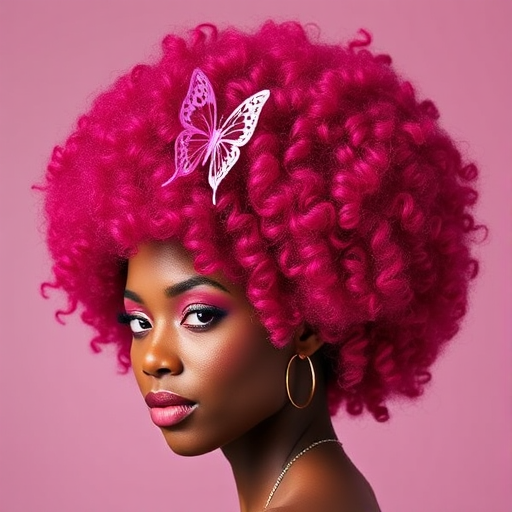 Vibrant magenta curls piled high in a voluminous, natural afro adorned with delicate butterfly clips, celebrating the bold and beautiful "Fuchsia Flourish" style