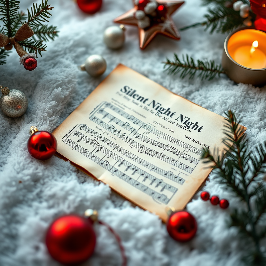 capture a beautifully arranged vintage sheet music of Silent Night on a snowy surface with festive decorations and ornaments around, shallow depth of field, natural lighting, macro view, DSLR camera, f/2.8 aperture, 50mm lens, ISO 100